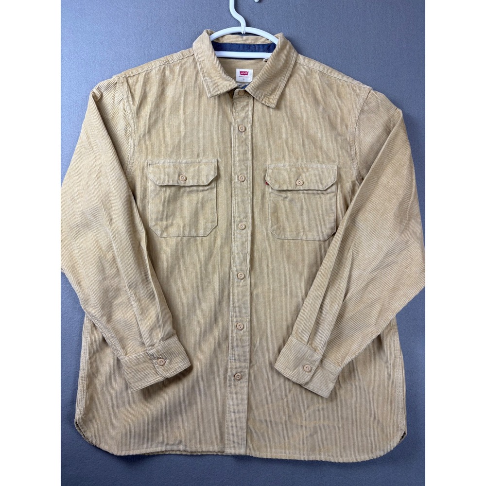 Levis Mens Relaxed Fit Corduroy Button Up Shirt Tan Beige Large L Long Sleeve